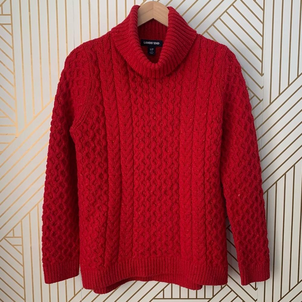 Lands End wool blend Cable Knit fisherman marled Turtleneck cowl neck Sweater S